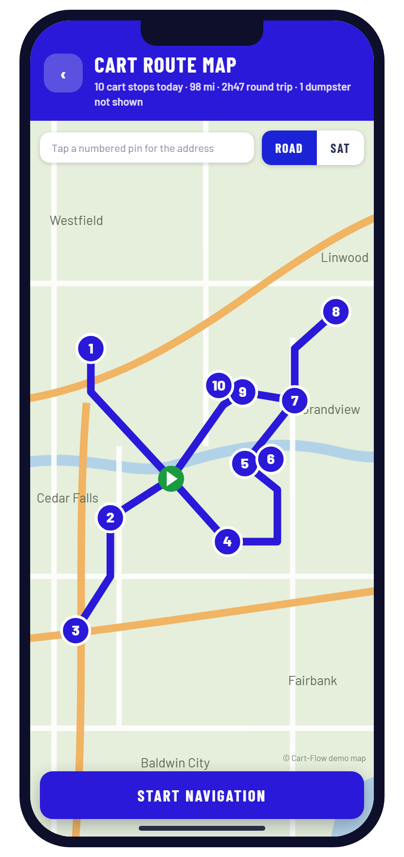 Cart-Flow driver app route map with numbered stops and a start navigation button